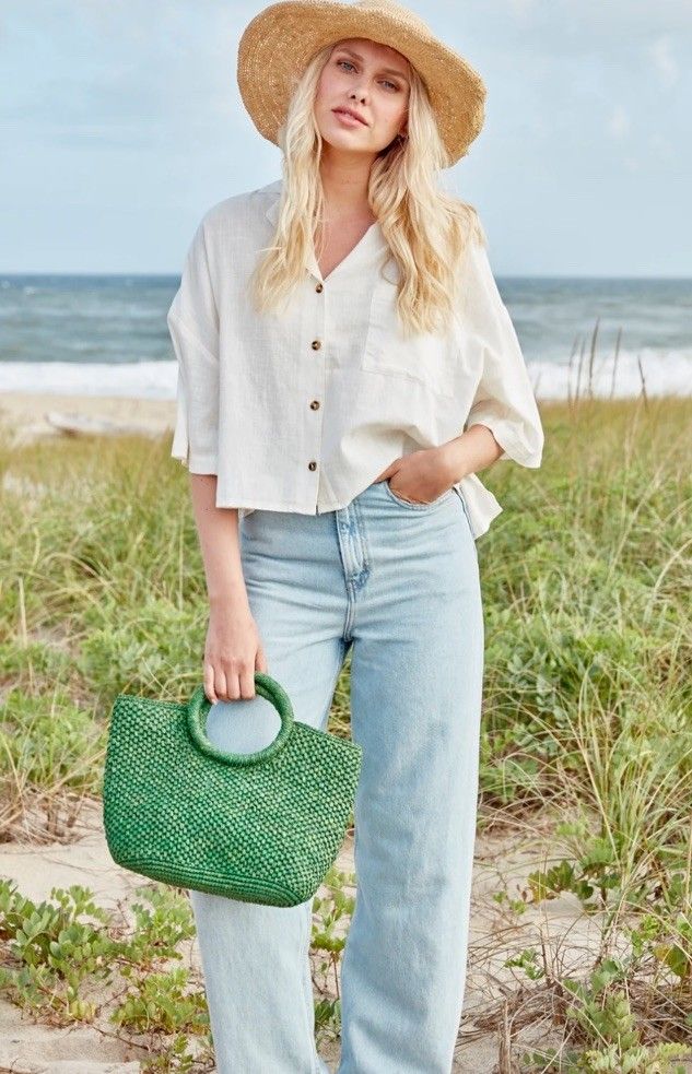 Mar Y Sol Serena Raffia Handmade Tote Bag Green Nwt — image 3 of 8